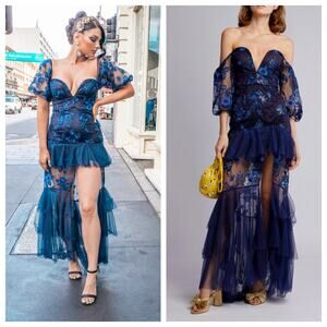 ALICE MCCALL Mystery Dress Gown Off Shoulder Ruffle Navy Ocean Blue US 4